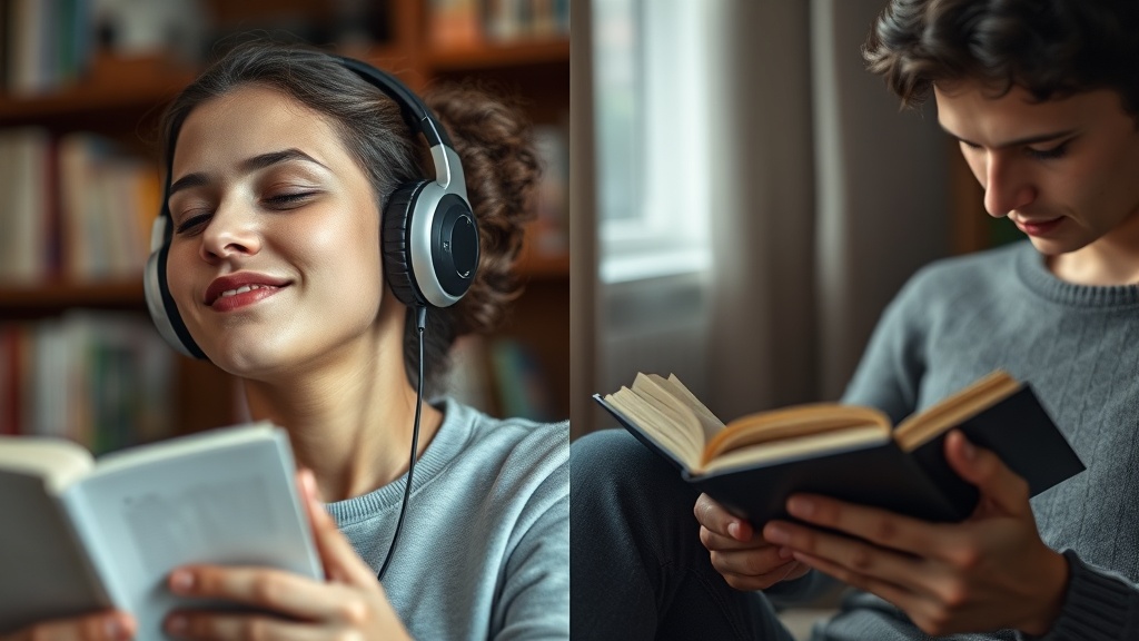 헤드폰을 쓰고 오디오북을 듣는 모습과 종이책을 넘기는 모습이 대비되는 이미지