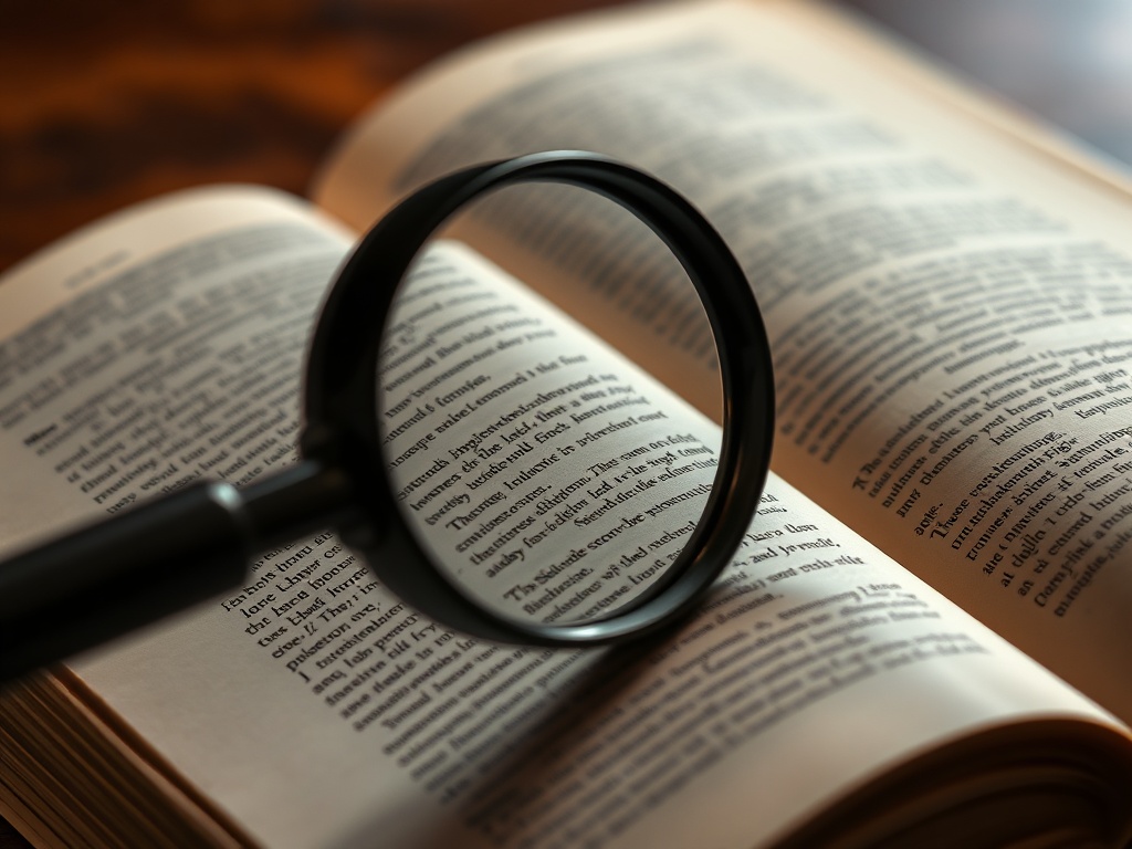 책의 텍스트 위에 돋보기가 놓여 있어 특정 문장을 깊이 있게 탐구하는 정독의 개념적 이미지