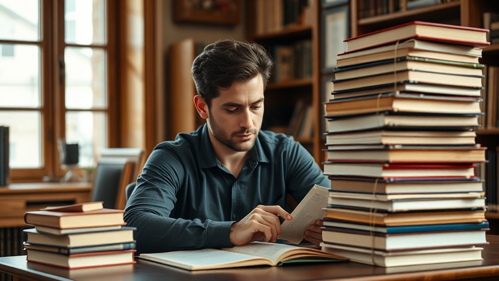 서재에서 여러 권의 책을 쌓아두고 목적에 따라 읽기 속도를 조절하며 집중하는 독자의 모습